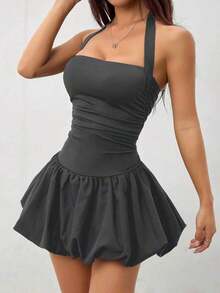 Vestido informal corto de unicolor con cuello de lazo y espalda descubierta para mujer - Gris Oscuro - Ver 9