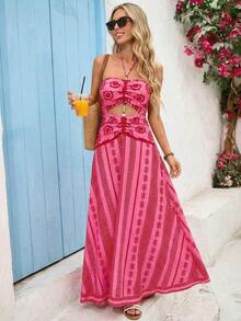 Vestido de gasa con estampado para primavera y verano con cuello de halter para mujeres - Rosa - Ver 9