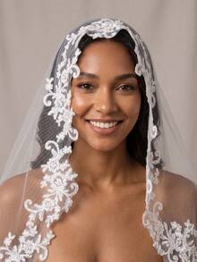 1pc Mantilla Style Lace Trim Fingertip Length Bridal Veil With Comb, White/Ivory,Festival,Birthday - Multicolor - View 2