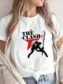 Camiseta de mujer ligera y duradera de manga corta con un diseño gráfico de The Clash, perfecta para uso casual en casa, en restaurantes o al aire libre, hecha de tela estampada para un ajuste cómodo adecuado para el uso diario. - Blanco - Ver 7