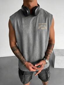 2 piezas Camiseta de tirantes de cuello redondo para hombres, con impresión de letras en el frente y la espalda, tela suave tipo gamuza, estilo callejero estadounidense, adecuado para reuniones callejeras de verano - Multicolor - Ver 5