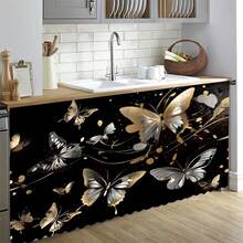 1pc Black & Gold Butterfly Print Polyester Short Plush Tablecloth, Ideal Home Decor For Kitchen Cabinet, Laundry Cabinet, Storage Cabinet, Can Also Be Used As Short Curtain For Windows - Multicolor - View 5
