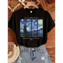 Camiseta de mujer de algodón de manga corta suelta, estampada, blanca y negra, pintura de noche estrellada, lavable a máquina, deportiva, cuello redondo, casual, cómoda, moda unisex, regalo de vacaciones, conjunto de pareja, ropa de primavera y verano - [Negro] - Ver 1