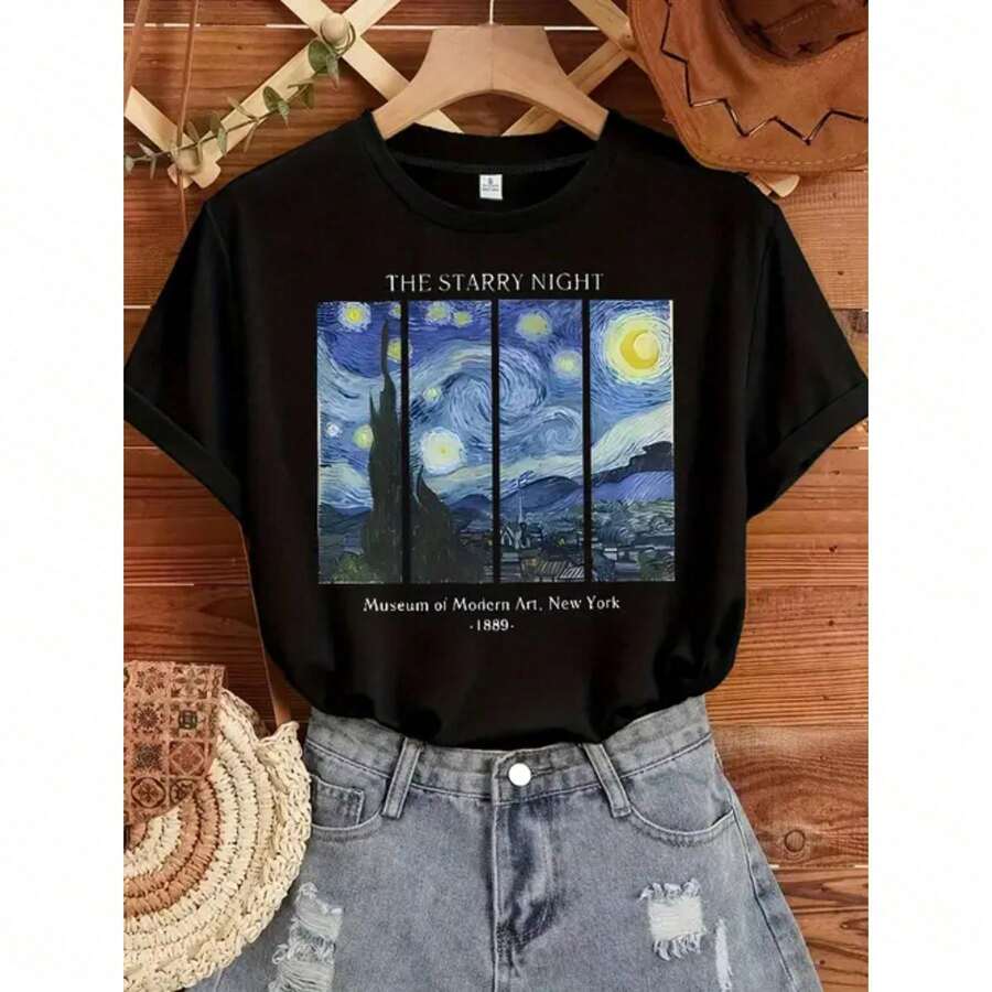 Camiseta de mujer de algodón de manga corta suelta, estampada, blanca y negra, pintura de noche estrellada, lavable a máquina, deportiva, cuello redondo, casual, cómoda, moda unisex, regalo de vacaciones, conjunto de pareja, ropa de primavera y verano - [Negro] - Ver 1