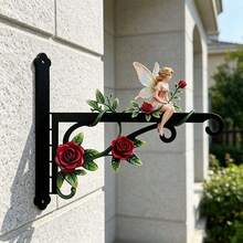 1pc Metal Double-Sided Colorful Floral & Fairy Printed, Wall-Mounted Outdoor Hanging Rack, Suitable For Porch, Bird Feeder, Lantern, Wind Chime Etc, Sturdy Iron Structure Hook - A - View 4