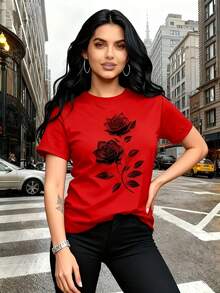 Soft 100% Cotton T-Shirt, Casual Women's T-Shirt | Unique Rose Print - Refined, Ready For Gifting, Casual Crew Neck T-Shirt | Breathable, Lightweight, Comfortable, Perfect For Spring And Summer Wardrobes. Breathable Cotton T-Shirt, Goes With Everything. - 紅色 - 查看 3