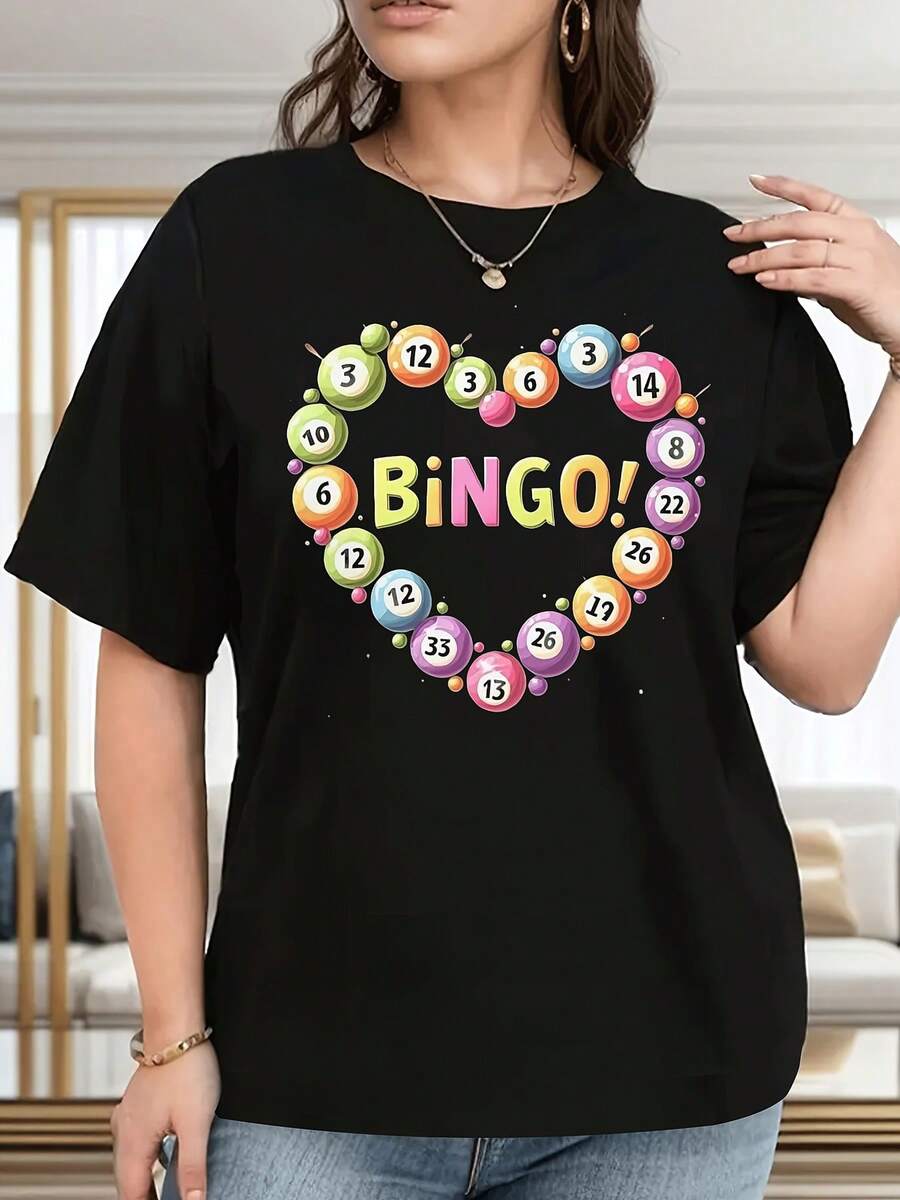 VivaGlam-Women's Bingo Ball Print T-Shirt - Bingo-Themed Round Neck Top With Bingo Number Design, Opaque Fabric Suitable For Bingo Nights, Parties, Casual Wear & Gifts - Machine Washable Spring Summer Fall Blouse For Athleisure Outfits - 黑色 - 查看 1