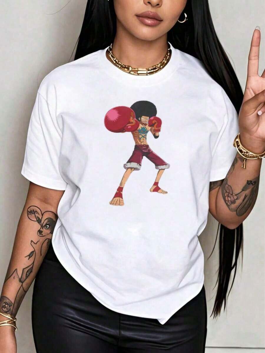 Under The Radar Crew Neck Funny Print One Piece Franky Boxing T-Shirt, Unisex, Black, Graphic Print, Anime Style, Streetwear, Fashionable Unisex Top, Suitable For Holiday Gifts - Unisex Vintage Street Style Loose Fit Cotton Short Sleeve Crew Neck T-Shirt. - 白色 - 查看 1