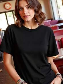 1 pieza de camiseta de manga corta con cuello redondo para mujer |    Patrón Tropical, Ideal para Primavera, Verano y Otoño, Ropa Casual para Viajes y el Hogar, Perfecto para Regalos Navideños - Camiseta Unisex de Manga Corta, Cuello Redondo, de Algodón Suelto, Estilo Vintage Urbano - Negro - Ver 1