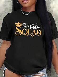 1 camiseta con estampado de corona de "Birthday Squad" para mujer, manga corta, ligera y cómoda, perfecta para celebraciones de fiestas, uso casual en casa o en un restaurante, diseño elegante con letras doradas, 180g de algodón 100%. - Negro - Ver 1