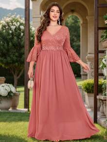Robe de soirée formelle en mousseline de soie avec contraste de dentelle florale et de paillettes à la taille, manches à volants et col en V. Élégante pour le bal de promo, les invités de mariage, les anniversaires, les remises de diplômes, les occasions printanières - Vieux Rose - Voir 2