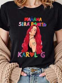 a imagen personal de es una hermosa camiseta deportiva casual de cuello redondo, cómoda para primavera, verano, otoño e invierno, nueva camiseta de verano, elegante ropa de mujer para las vacacionesElegancia y moda,Camiseta con estampado de Muñera,Estampado clásico de bandas de rock para festivales o uso diario,Camiseta estampada de mujer Majja,Camiseta estampada con patrón Norbokin - Negro - Ver 2