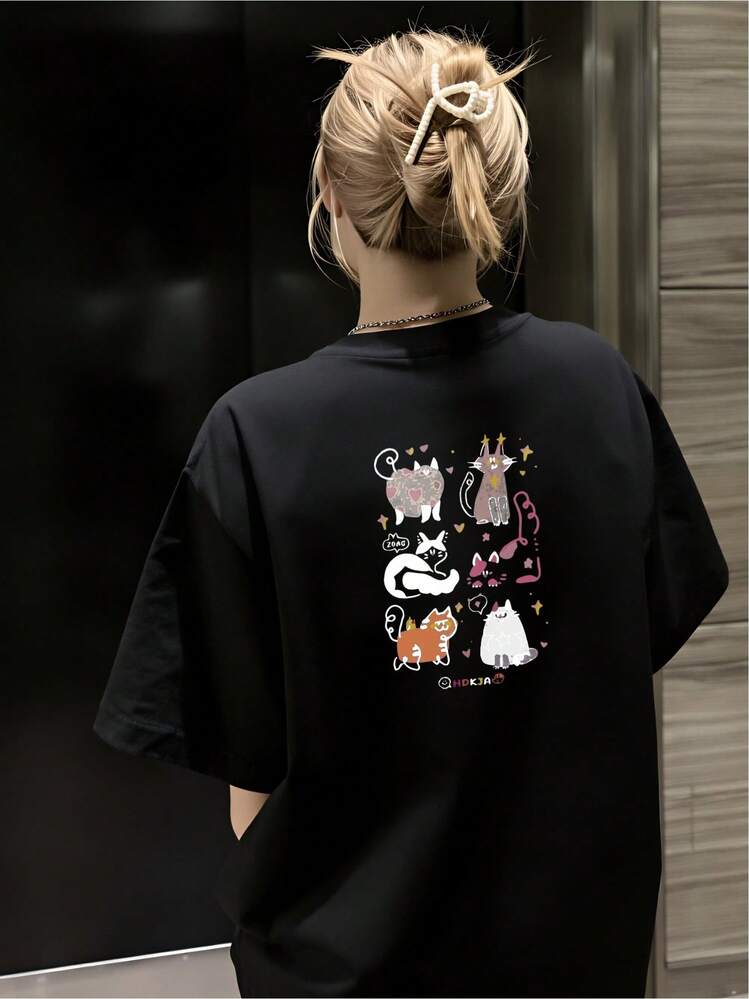 T-shirt moderna gatos divertidos estampado único estilo urbano para amantes de los felinos casual elegante negro varios tamaños moda trending - Negro - Añade 1