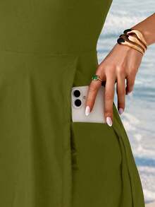 Swim Lushoire Vestido de verano de playa casual y elegante de unicolor con volantes en el dobladillo, traje de baño de una sola pieza para mujer - Verde militar - Ver 5