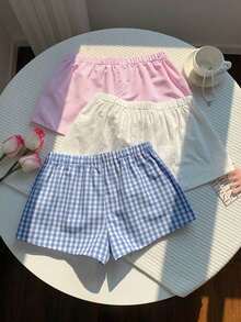 3 pantalones cortos sueltos y casuales con cintura de atar para mujer - Multicolor 8 - Ver 2