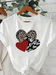 Camiseta Casual de Manga Corta con Cuello Redondo para Mujer, con Estampado de Leopardo y Corazón, Blusa de Poliéster - Blanco - Ver 2