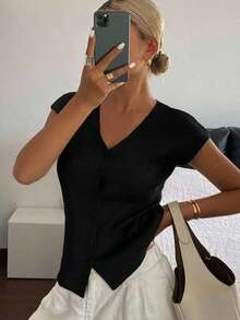 Cárdigan casual de verano para mujer, de unicolor, ajustado, de cuello en V, elástico y delgado - Negro - Ver 7