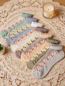 Women's Transparent Glass Silk Floral Print Ruffle Trim Low-Cut Socks, Ultra-Thin Breathable Casual Socks For Summer Daily Wear - Multicolor - View 2