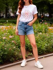 Playera minimalista moderna de manga corta con estampado floral de mandala, top casual de cuello redondo, ligeramente elástica, cómoda y transpirable, perfecta para primavera y verano, el mejor regalo para mujeres, ropa de mujer. - Blanco - Ver 3