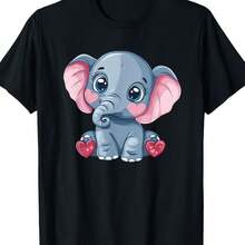 Men's Casual Shclothest-Sleeve T-Shirt - Clothes Soft And Breathable Clothes Fabric, Cute Elephant Clothes With Heart Details, Relaxed Fit Ro - 黑色 - 查看 1
