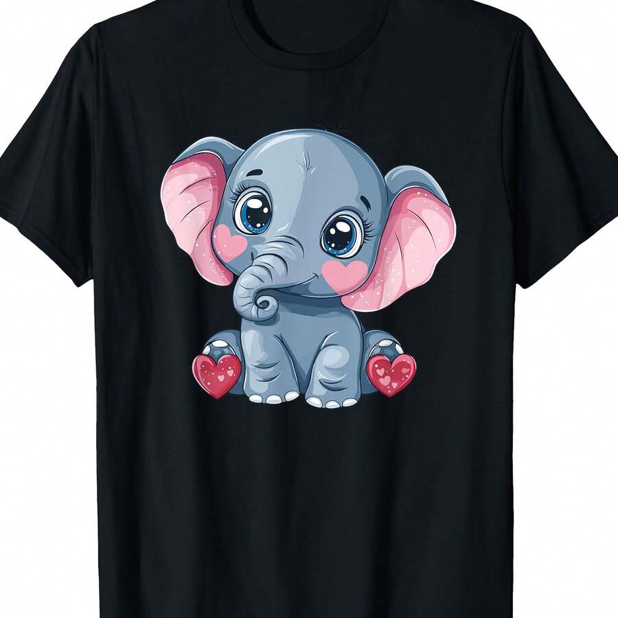 Men's Casual Shclothest-Sleeve T-Shirt - Clothes Soft And Breathable Clothes Fabric, Cute Elephant Clothes With Heart Details, Relaxed Fit Ro - 黑色 - 查看 1