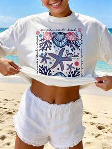 Camisetas De Calor Para MujerEMERY ROSE Camiseta De Manga Corta De Cuello Redondo De Ajuste Holgado Y Longitud Media Con Estampado De Animales Marinos, Adecuada Para Mujeres En Verano, Talla Grande - Blanco - Ver 3