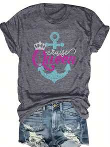 Elegant Plus Size T-Shirt With 'Queen' Letter Print - Casual Crew Neck, Short Sleeve For Women, Machine Washable - 深灰色 - 查看 5