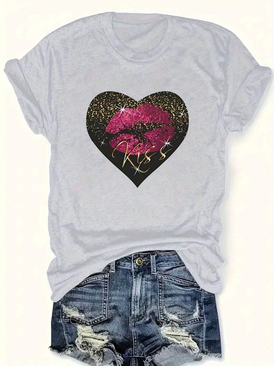 Tallas Grandes, Blusa de Manga Corta para Mujer - Cuello Redondo, Primavera Verano con Manga Corta, Estampado de Labios Rojos y Corazones, Blusas Casuales de Corte Holgado para Mujeres con Curvas, Lavable a Máquina - En Stock - Ropa de Moda en Tallas Grandes - Gris Claro - Ver 1