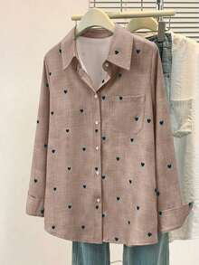 Camisa polo de manga larga con bolsillo y estampado de corazón de unicolor básico casual para mujer, adecuada para uso diario en , verano y otoño - Café integral - Ver 10