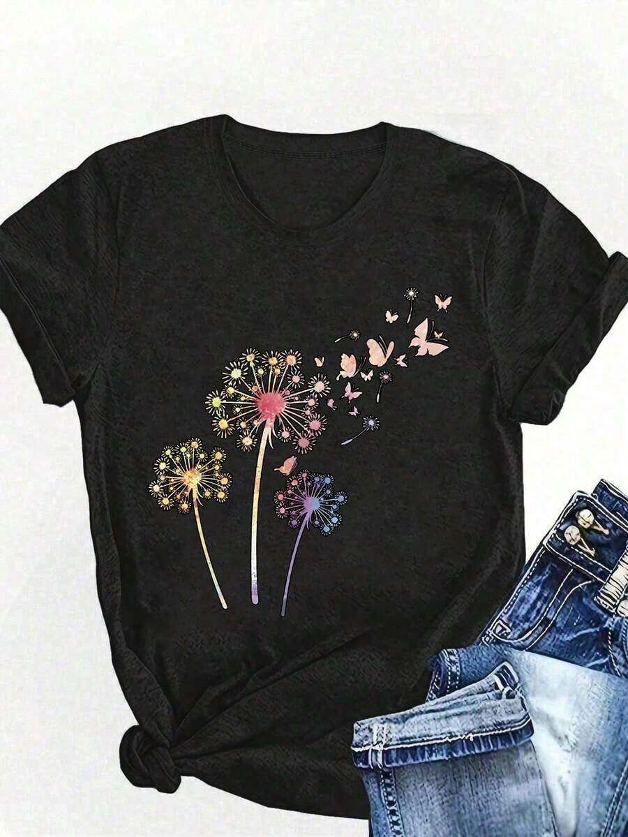 SimpieAndVersatileDesignCamiseta casual de cuello redondo para mujer, camiseta estampada con diente de león y mariposa para primavera y verano, top estampado para mujer, suave y cómodaCottonT-Shirt - Negro - Ver 1
