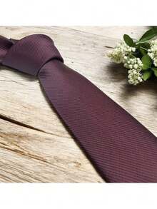 Men's Striped Tie In A Solid Color With A Quality Texture, Essential For Weddings, Business, And Formal Occasions. - Redwood - View 1