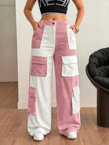Y2K Streetwear High Waist Contrast Color Flap Pocket Corduroy Cargo Pants Pink Casual Spring - Pink - View 7