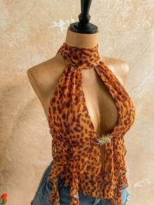 Blusa de mujer con encaje bordado, escote halter, espalda descubierta, tirantes con lazo, bajo fluido y elegante, adecuada para la playa, cruceros y resorts - Naranja - Ver 3