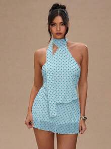 Vestido corto de verano con escote halter y espalda descubierta, con estampado de lunares sexy para mujer - Azul menta - Ver 7