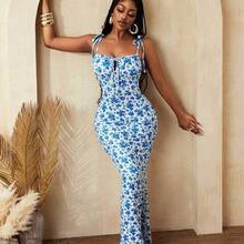 BamGlam Women Floral Print Bodycon Sexy Fashion Elegant Party Vacation Festival Summer Dress - Burdeos - Ver 2