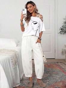 Pantalones vaqueros casuales de mujer con cintura con cordón y lavado vintage, pantalones casuales de mujer, pantalones de verano de mujer con cintura elástica, pantalones de mujer con bolsillos, pantalones caqui de mujer - Blanco - Ver 4