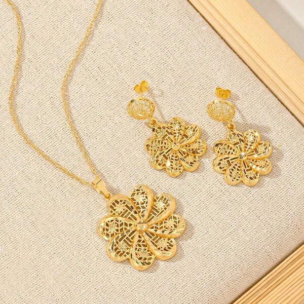 24K Gold Plated Filigree Flower Jewelry Set, Pendant Necklace & Stud Earrings, Hypoallergenic Vintage Jewelry For Women