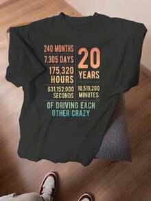 Funny T-Shirt For 20 Years Of Marriage, Graphic Print T-Shirt For 20th Wedding Anniversary, Women's Top - 黑色 - 查看 4