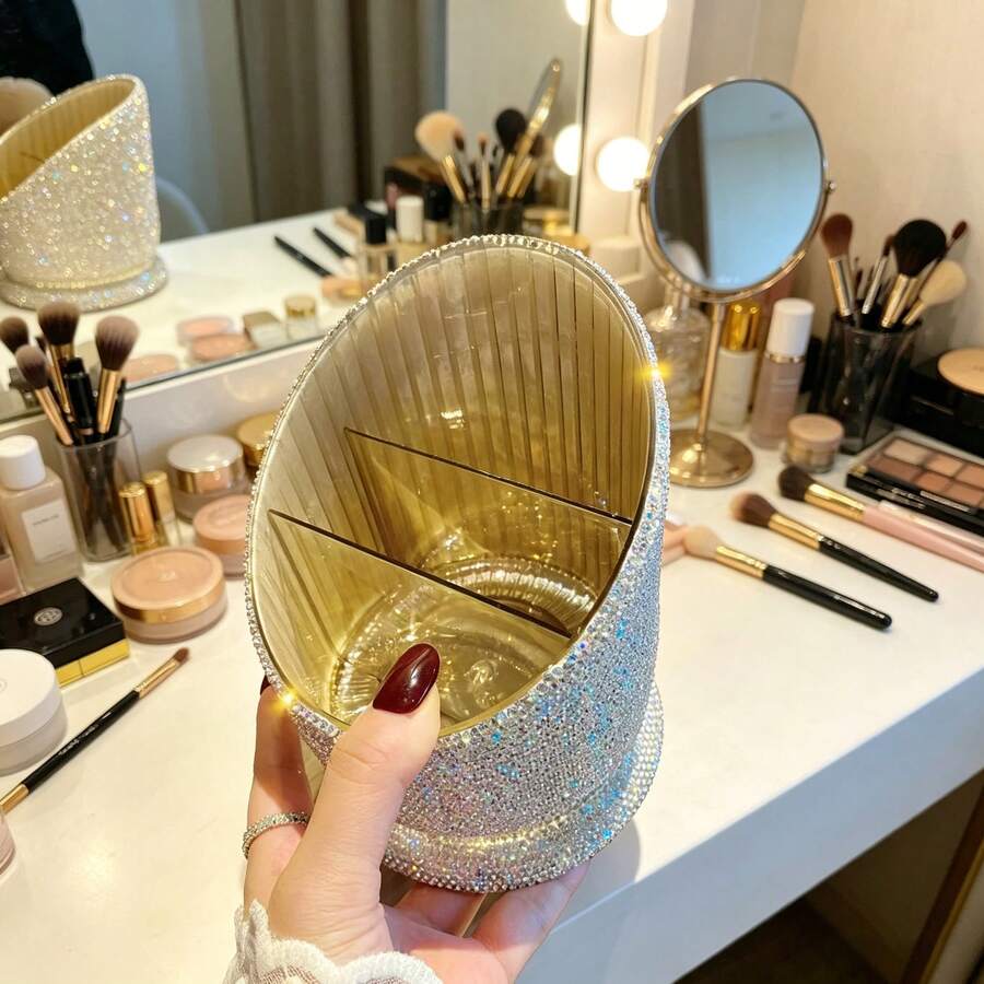 Hộp đựng cọ trang điểm đính đá sang trọng, hộp đựng son môi dung tích lớn, hộp đựng đồ trang điểm cao cấp. - trắng - Xem 1
