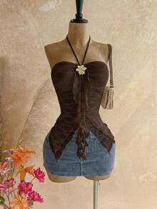Camiseta asimétrica con decoración de conchas marinas, adecuada para vacaciones en la playa, verano - Café integral - Ver 1