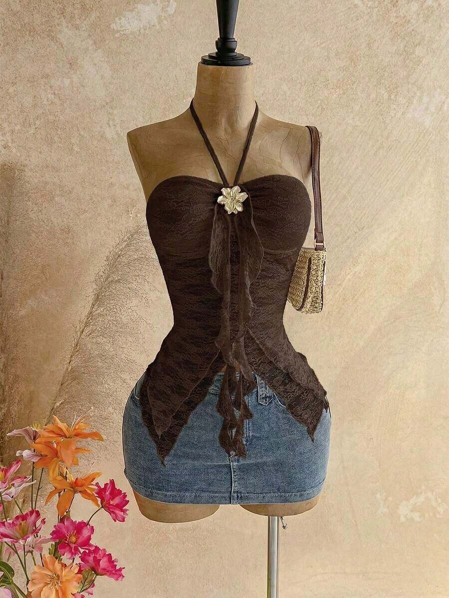 Camiseta asimétrica con decoración de conchas marinas, adecuada para vacaciones en la playa, verano - Café integral - Ver 1