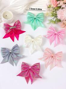 6pcs Random Multi-Color Iridescent Bow Hair Clips, Solid Color Barrettes For Cute Girls, Fashionable Daily & Party Hair Accessories - Multicolor - View 6