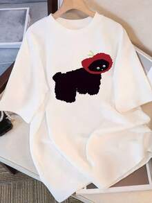 Women's Oversized 100% Cotton T-Shirt With Dog And Strawberry Print - Casual Short Sleeve Crew Neck Summer Top, Machine Washable - 白色 - 查看 1
