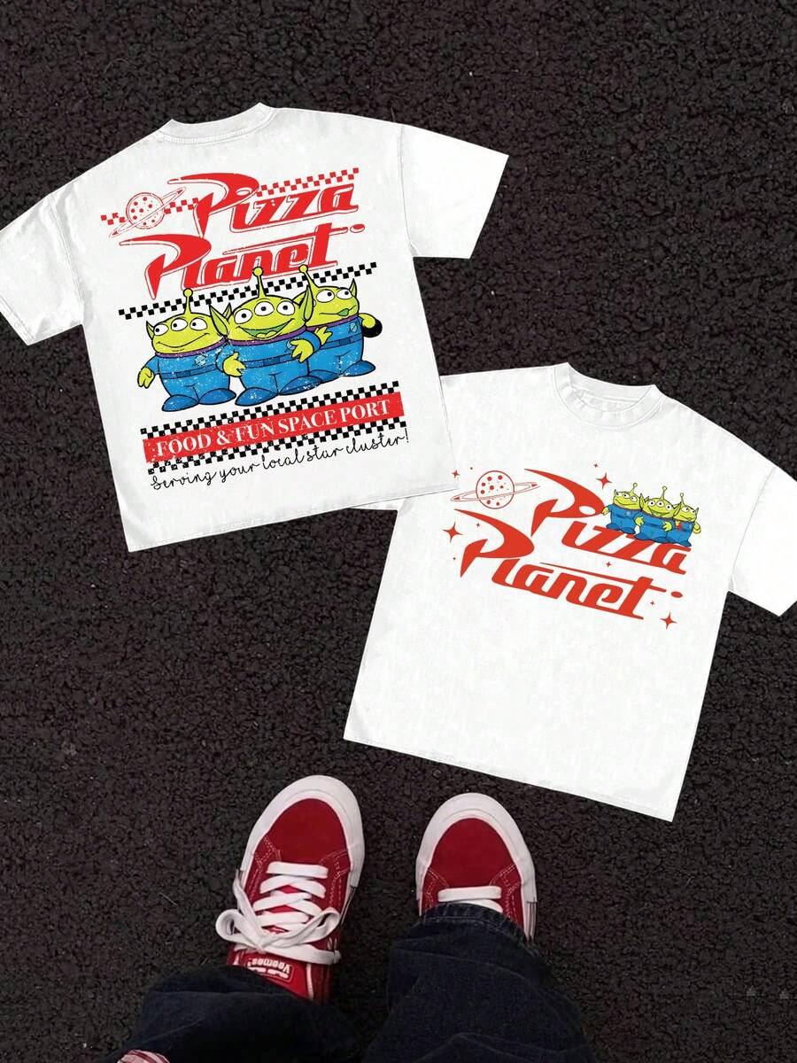 Officially Licensed By Disney: Men's Summer "Toy Story" T-Shirt - Featuring The Aliens And A Retro "Pizza Planet" Space Print. This Street-Casual Style Tee Is Crafted From An Ultra-Soft, Breathable Fabric-Making It The Perfect Choice For Both Everyday Wear And Theme Park Adventures. - trắng - Xem 1