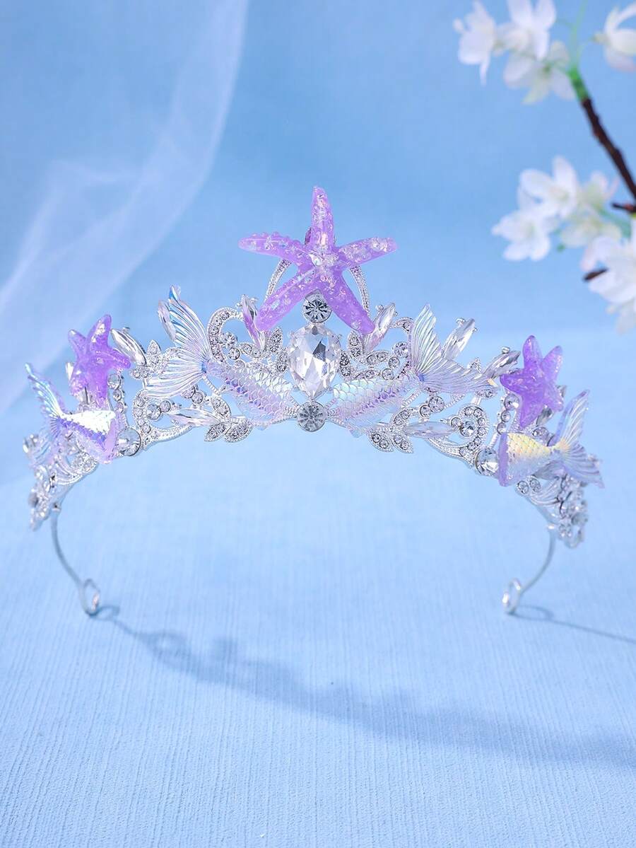 1件套优雅水晶公主皇冠，海星，贝壳，美人鱼尾巴发箍，表演/生日礼物发箍 - 彩色 - 查看 1