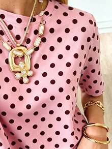 Camiseta de mujer de manga corta y cuello redondo de unicolor con estampado de lunares elegante y versátil, ideal para el estilo de viaje, vacaciones y playa - Rosa - Ver 5