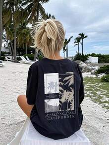 Women's 100% Cotton T-Shirts 2026, New Women's Summer Collection, Simple Slogan Print, Casual Holiday Style, Loose Fit, Round Neck, Short Sleeve, Apricot Color, Fashionable Everyday Top, Suitable For Daily Wear And Holidays, Hen Party - Black - View 3