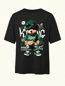 Nueva Camiseta con estampado de oso de dibujos animados, Mujer, Cuello redondo, Informal y holgada, Moda, Apta para uso diario en primavera/verano-Vintage Street Style Unisexoose Cotton Short Sleeve Crew Neck T-Shirt - Negro 2 - Ver 3