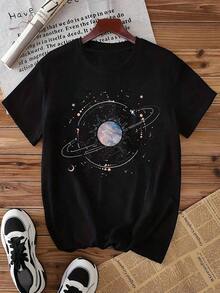 Camiseta Negra de Mujer con Estampado de Planetas Espaciales - Manga Corta y Cuello Redondo Casual con Diseño Celeste, Lavable en Máquina, Regalo Ideal para Amantes de la Astronomía - Negro - Ver 7