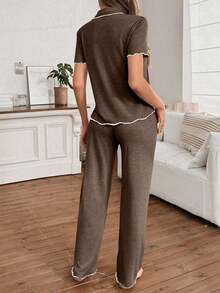Mono de verano de punto ligero y suelto con volantes, de tela roja, de estilo casual y holgado para mujer - Marrón - Ver 2